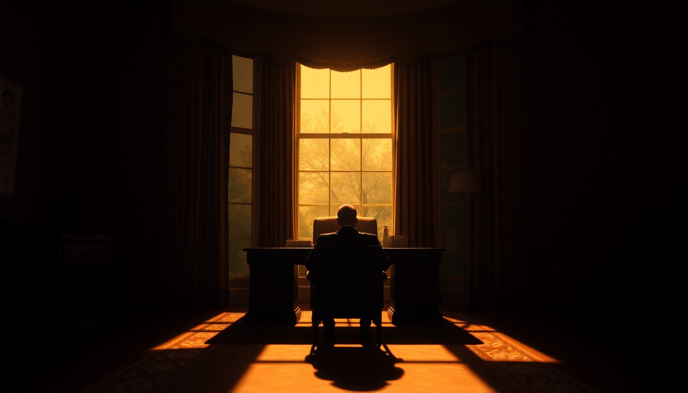 A cinematic painting of the President sitting alone in the Oval Office, the room bathed in warm, diagonal sunlight and deep shadows, creating a contemplative, melancholy mood that reflects the gravity of the situation.