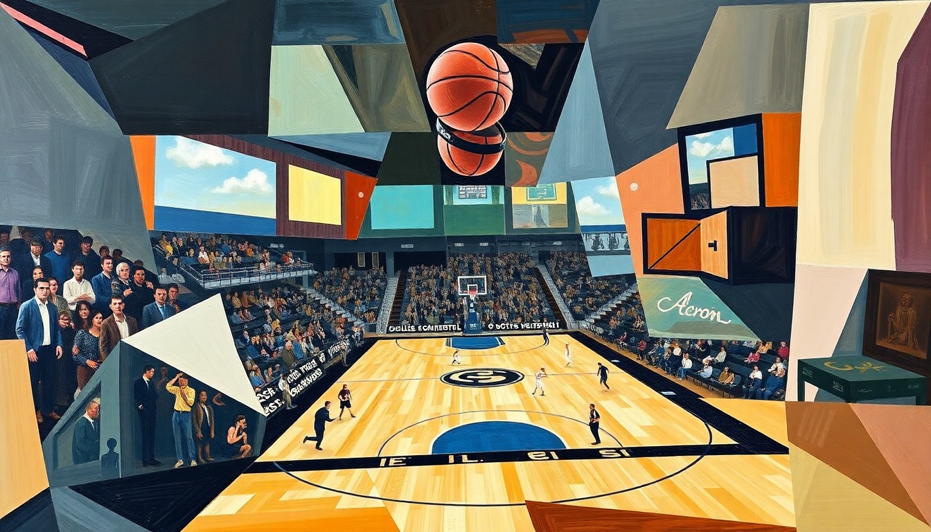 A cubist-style painting depicting a college basketball game, with the players and court broken down into sharp, overlapping geometric shapes in a vibrant color palette, capturing the dynamic energy and multiple perspectives of the sport.
