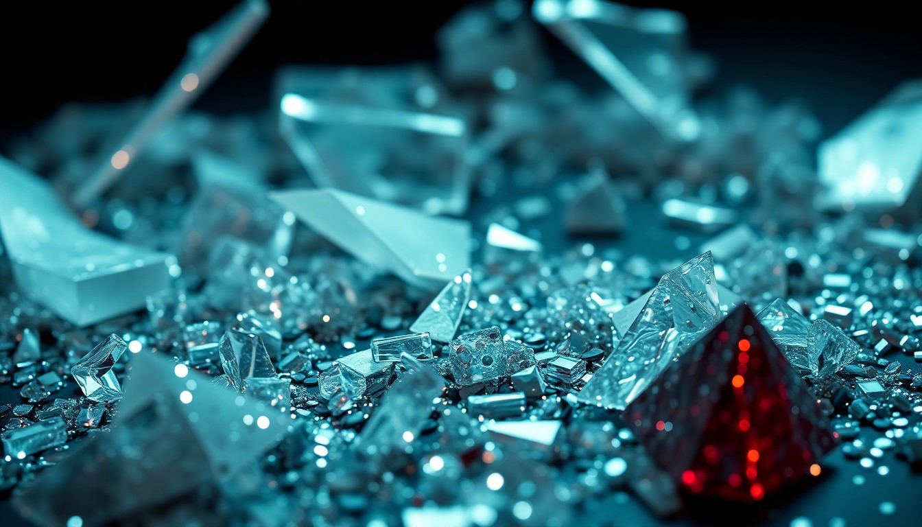 An abstract close-up image featuring shattered glass and glittering sequins in high-contrast studio lighting, conceptually representing the glamour and intrigue behind the removal of Meghan Markle and Prince Harry's Netflix party photos.