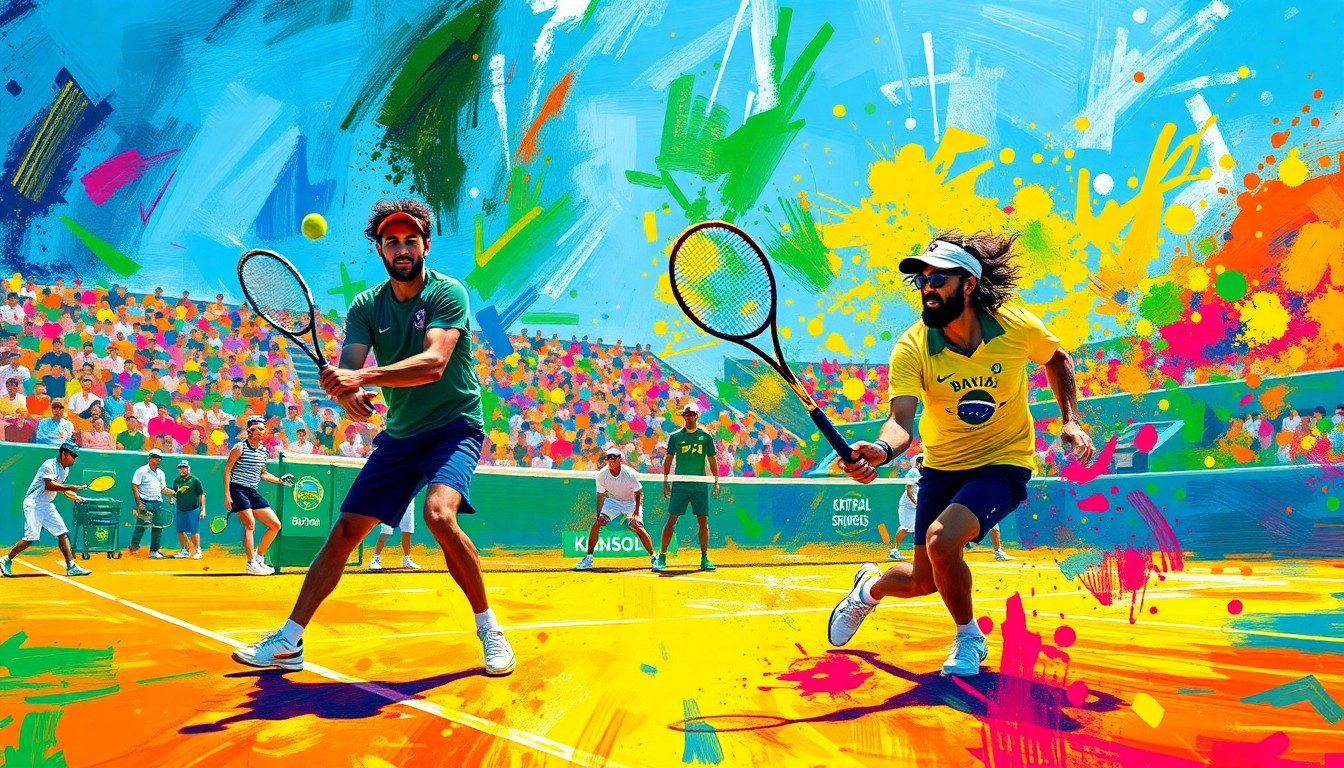 An extreme close-up of tennis rackets and balls in a blur of neon orange, yellow, and pink brushstrokes, conceptually representing the high-energy and athleticism of a Brazilian tennis exhibition.