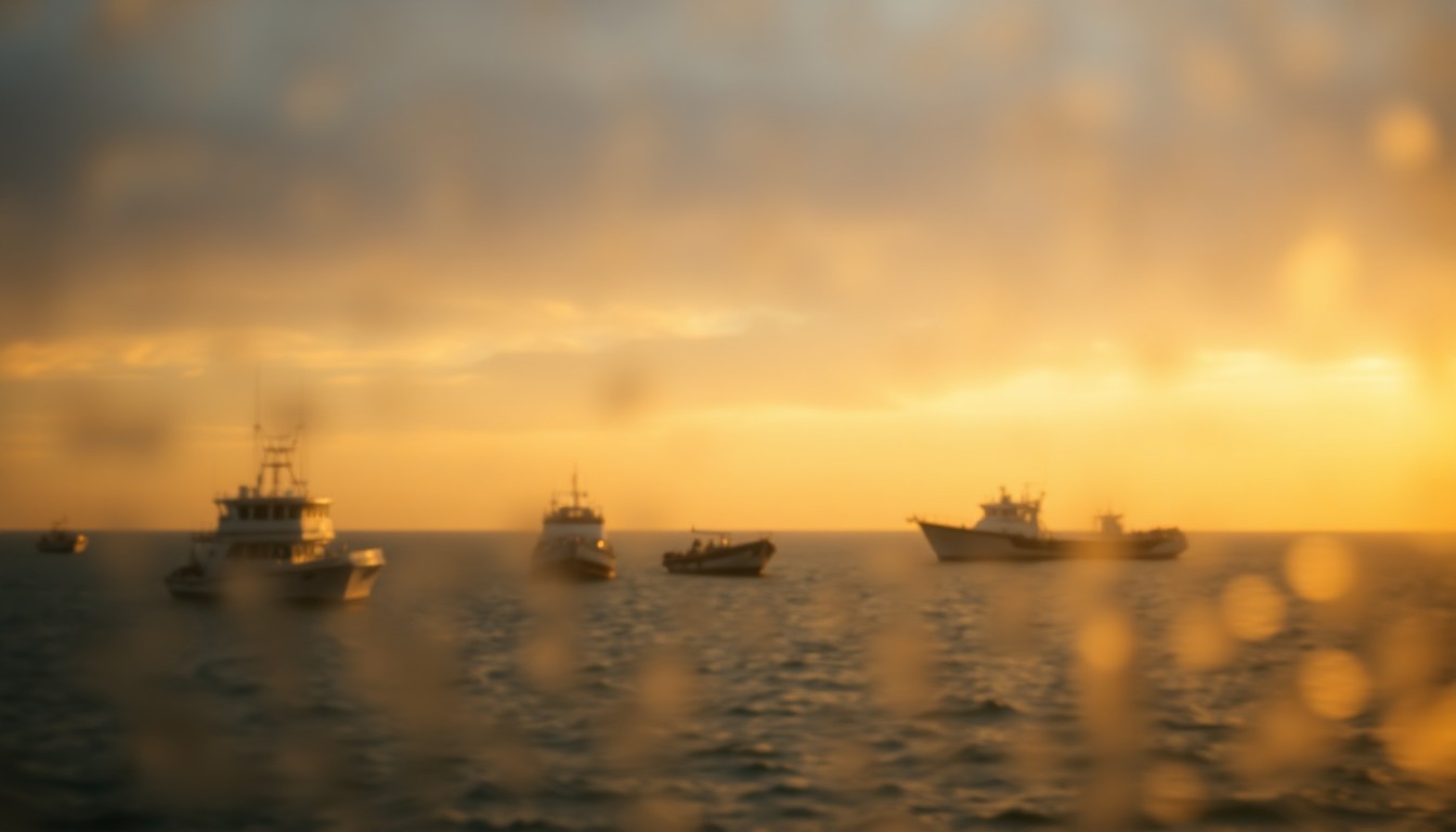 An abstract, impressionistic scene of blurred fishing boats and the open ocean, captured through a hazy, rain-streaked lens and rendered in soft, warm tones, conceptually representing the variable fishing conditions around Key Biscayne.