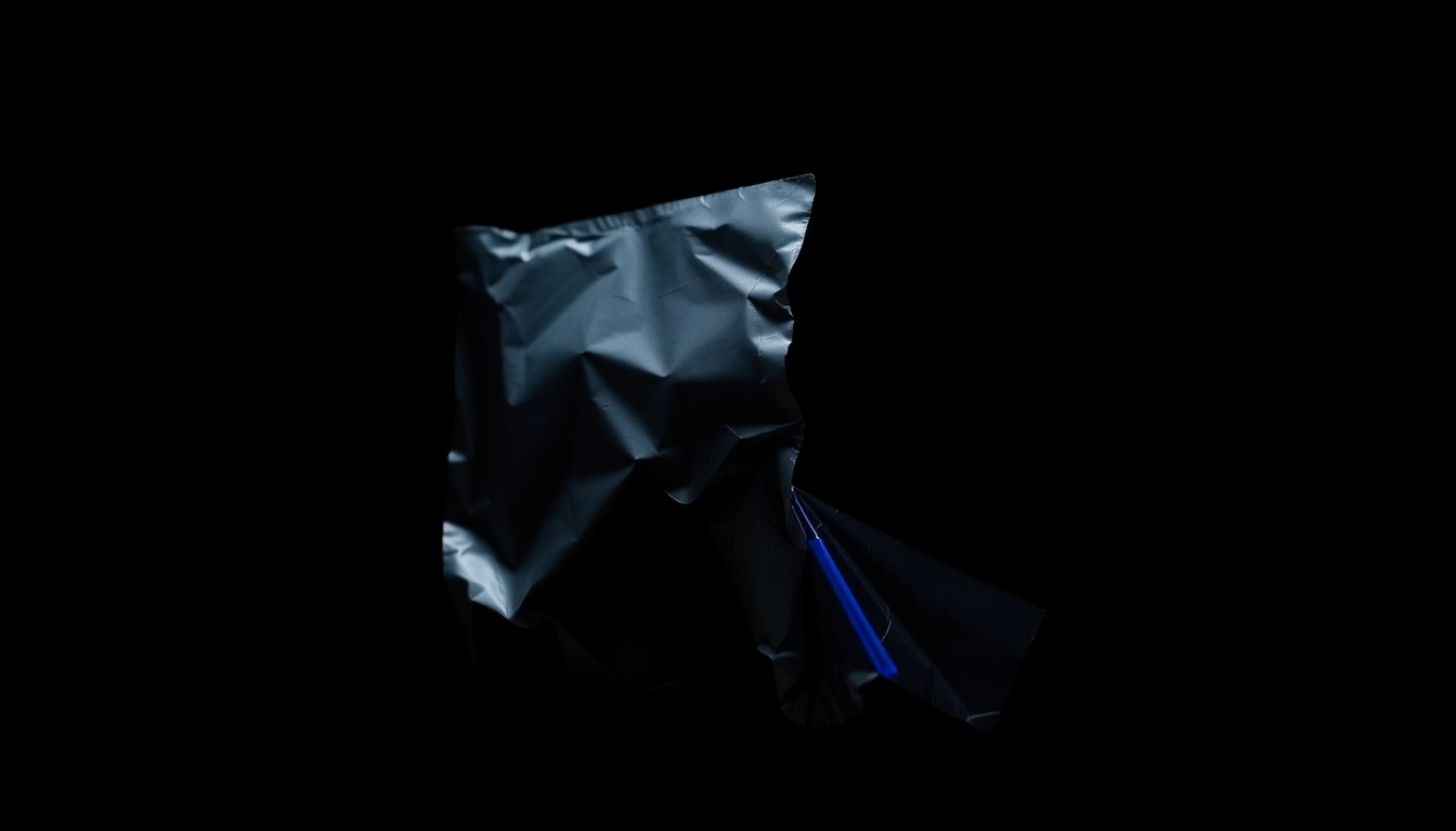 An extreme close-up of a crumpled, partially obscured music CD case, the harsh lighting and stark black background creating a gritty, investigative aesthetic.