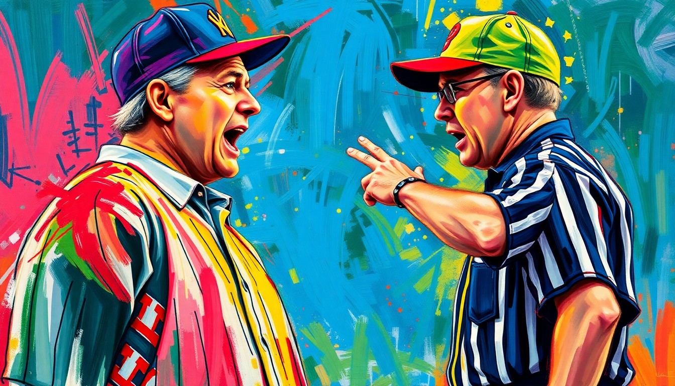 An abstract, energetic painting featuring bold, swirling brushstrokes in neon shades of red, orange, and blue, capturing the raw emotion and intensity of a baseball manager arguing with an umpire.
