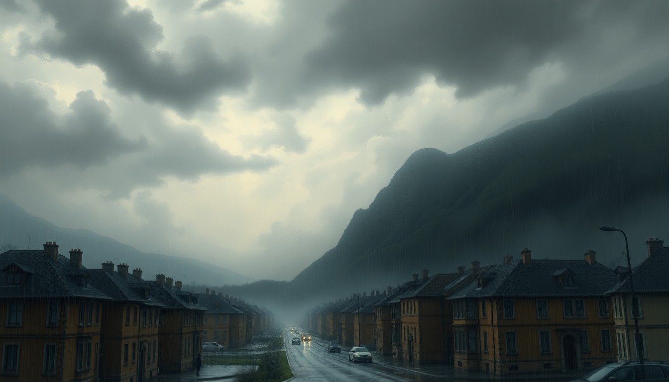A sweeping, atmospheric landscape painting in muted grays and blues, with heavy rain clouds obscuring the horizon and rain-soaked streets in the foreground, conveying the melancholic mood of inclement weather dampening a community celebration.