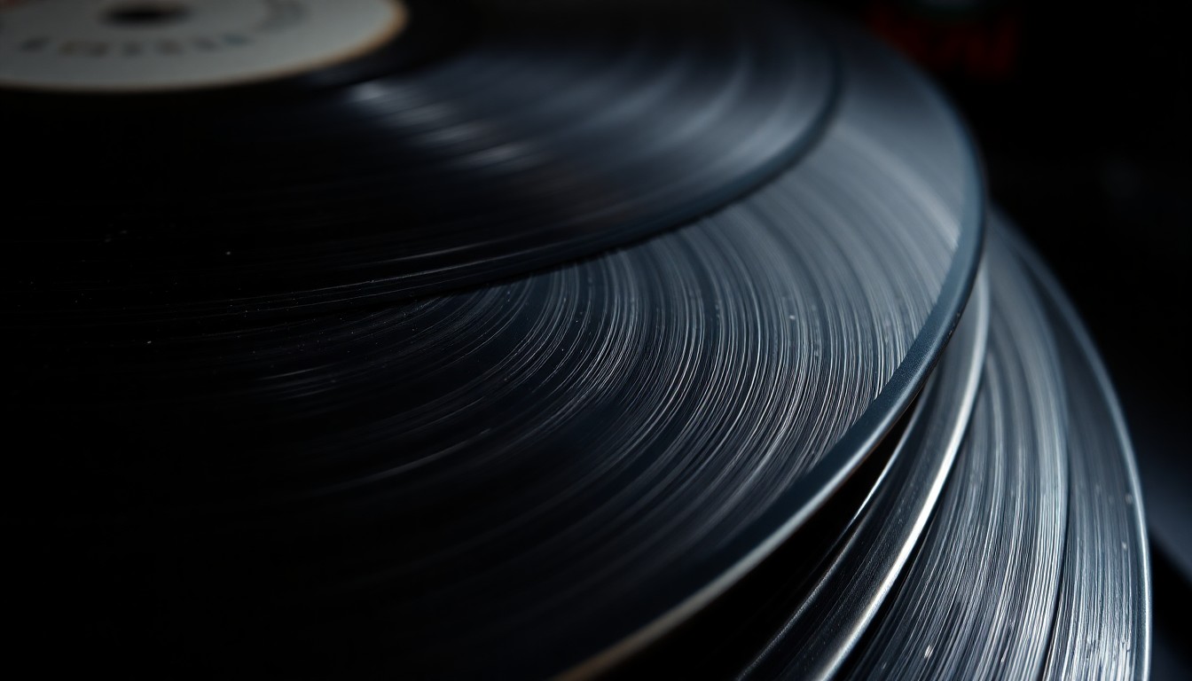 An abstract close-up photograph of the grooved surface of vintage vinyl records, capturing the tactile, high-contrast texture and materiality of physical music formats.