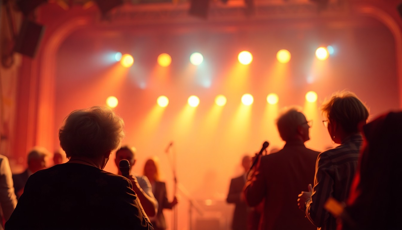 An abstract, impressionistic scene of senior performers on a dimly lit stage, with soft, warm pools of light and color creating an intimate, celebratory atmosphere.