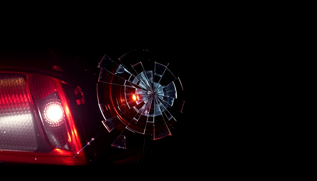 An extreme close-up photograph of a shattered car part, such as a windshield or tail light lens, against a pitch-black background, conceptually representing the aftermath of a fatal vehicle crash.