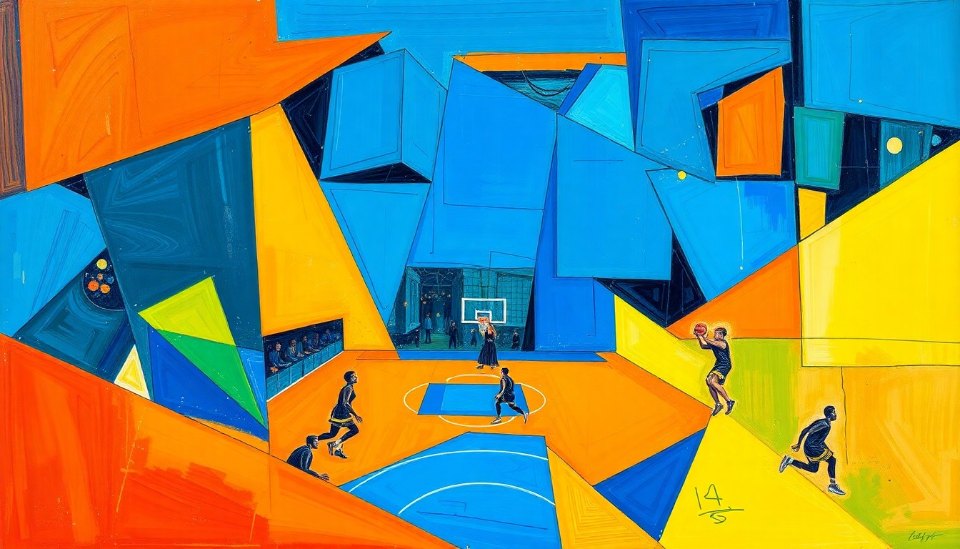 A cubist, geometric painting depicting the action and energy of a women's basketball game, with sharp, overlapping shapes and planes in vibrant colors like blue, orange, and green.