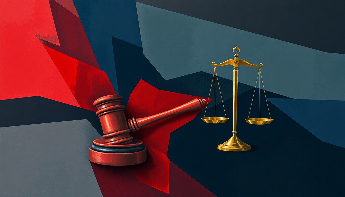 A dynamic, abstract painting featuring overlapping geometric shapes and brushstrokes in shades of red, blue, and grey, conceptually representing the political turmoil and broken trust surrounding allegations against a former congressman.