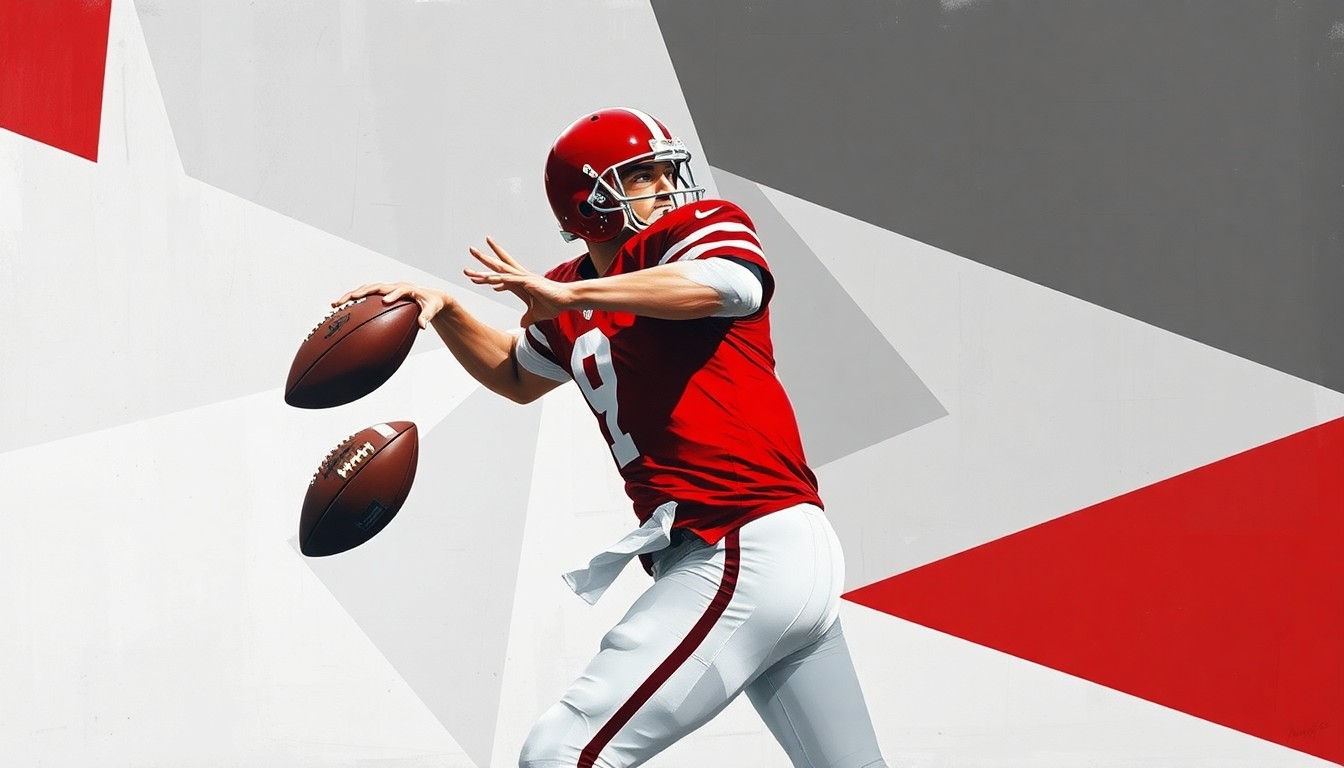 A cubist-style painting depicting a quarterback dropping back to pass, with the action broken down into sharp, overlapping geometric shapes in a palette of scarlet, gray, and white, conveying the stability and depth of Ohio State's quarterback position.
