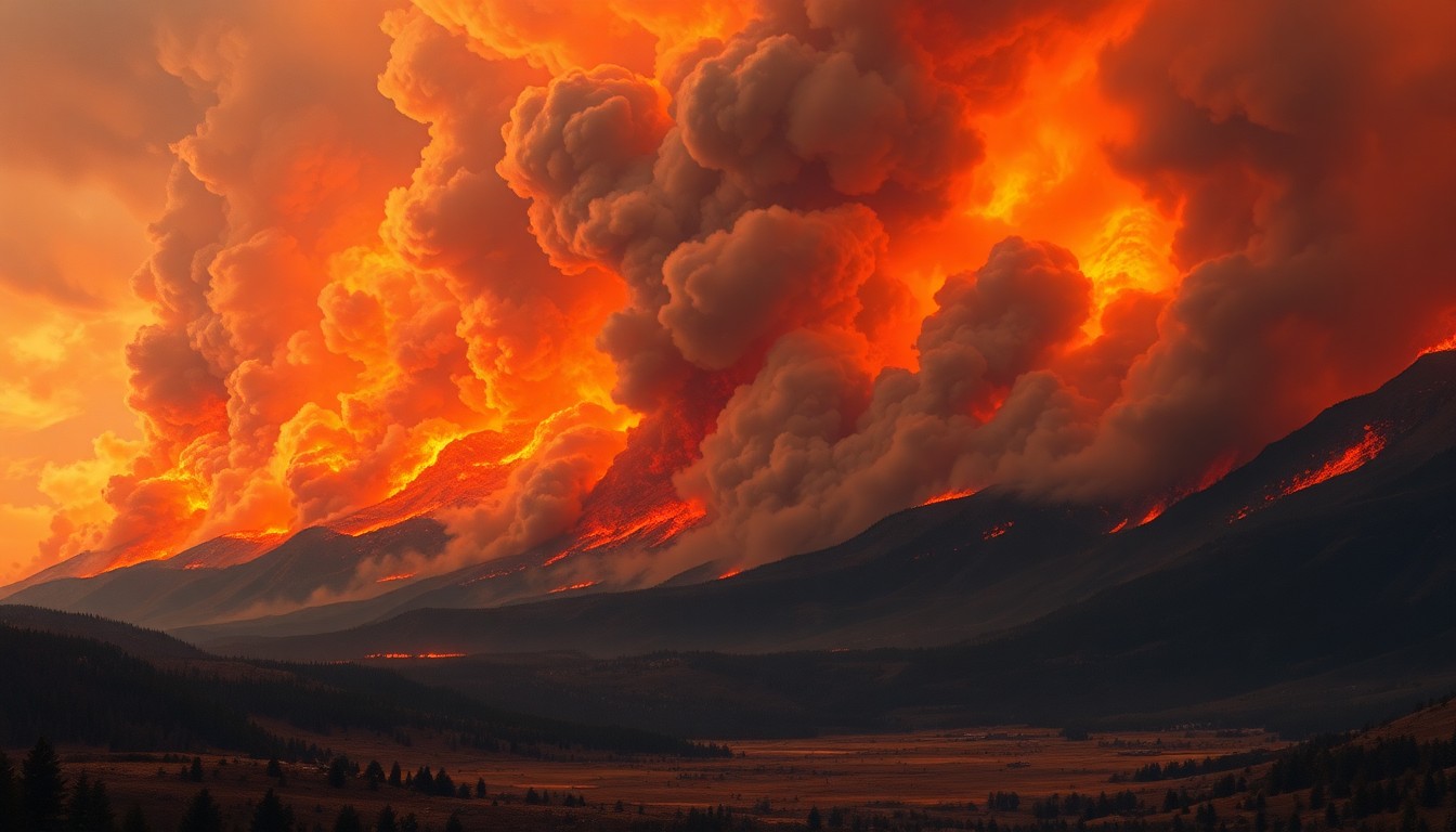 A vast, majestic landscape painting in muted earth tones, with a massive wildfire consuming the horizon and dwarfing any physical structures in the scene, conveying the overwhelming scale and power of the natural disaster.