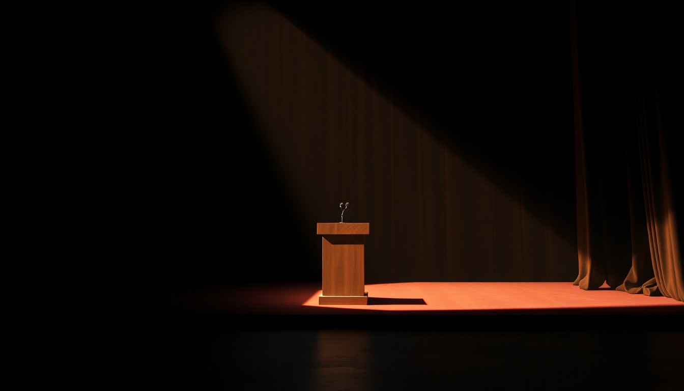A solitary podium on a dimly lit stage, bathed in warm, diagonal sunlight and deep shadows, conceptually representing the gravity of a political rally.