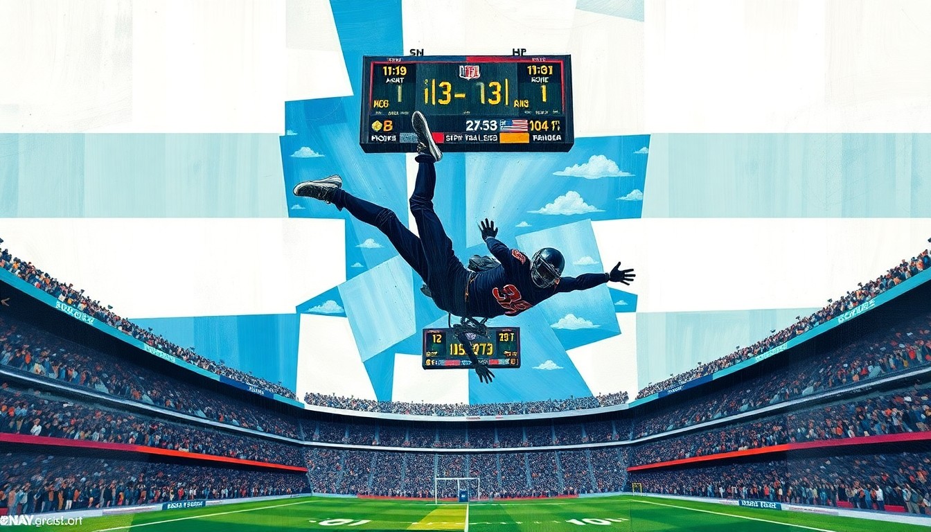 A cubist, geometric painting depicting a skydiver in mid-crash into a football stadium scoreboard, the scene fractured and deconstructed into sharp, overlapping planes of color.