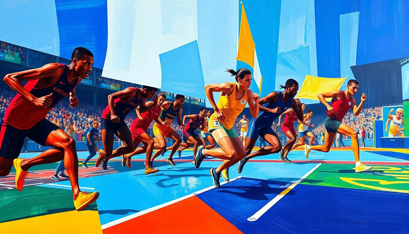 A cubist, geometric painting depicting the dynamic movements and energy of a track and field competition, with overlapping planes of color and form.