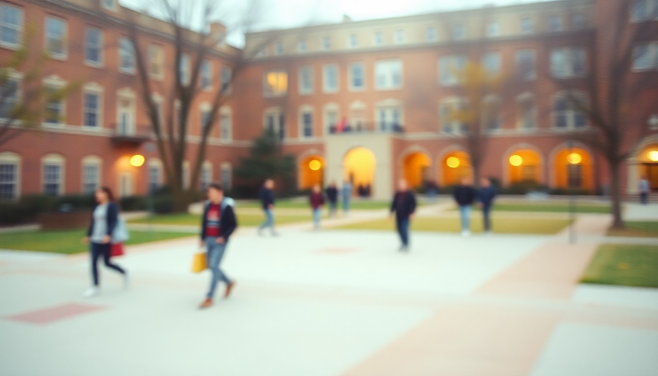 An impressionistic, out-of-focus photograph of a college campus scene, with blurred figures of students walking across a grassy quad, conveying a sense of warmth, community, and the potential for second chances in higher education.