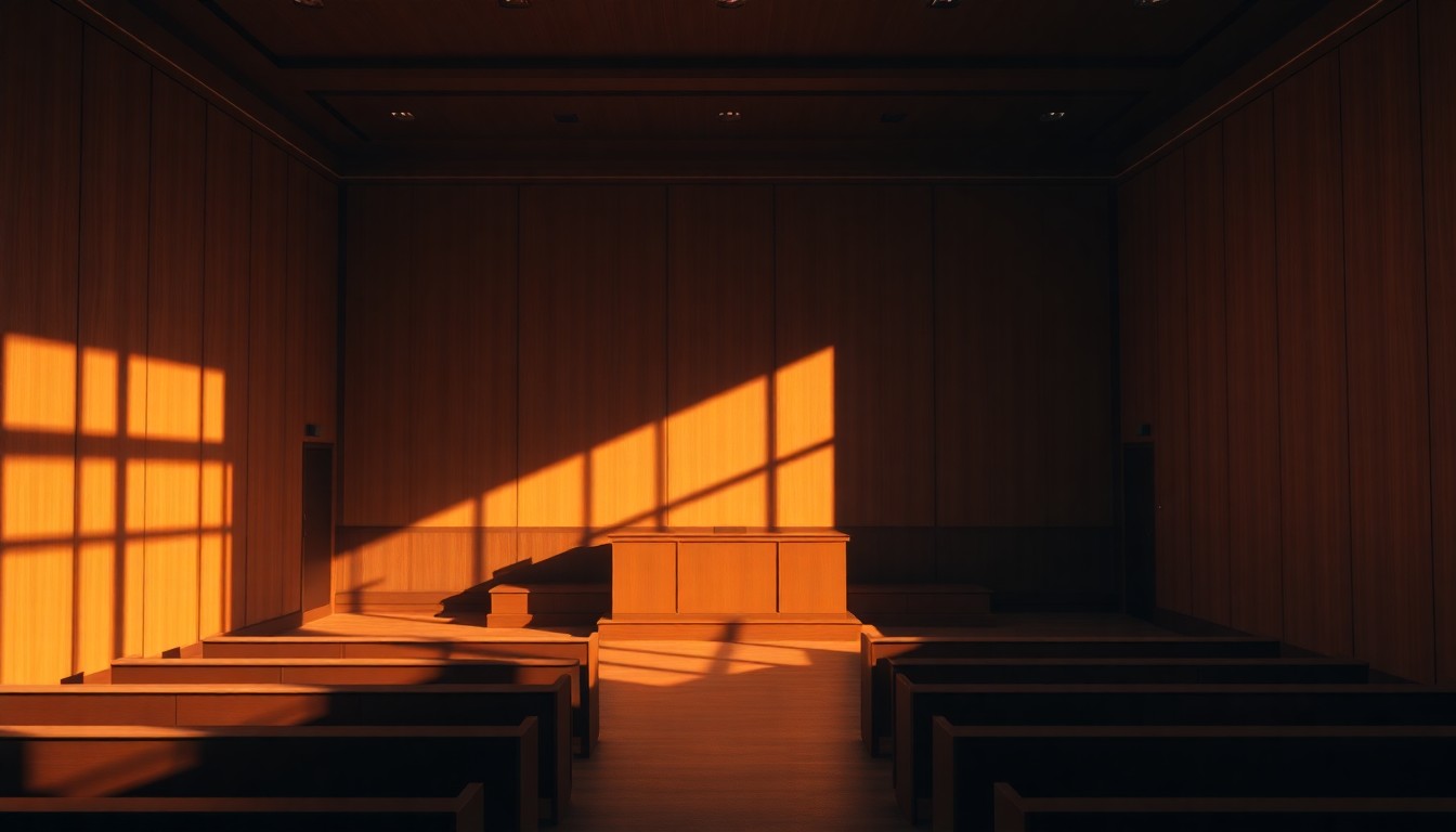 A dimly lit, cinematic courtroom scene with empty benches and a lone chair at the center, casting long shadows across the floor and walls, conveying a sense of solemnity and contemplation about the role of technology in the legal system.
