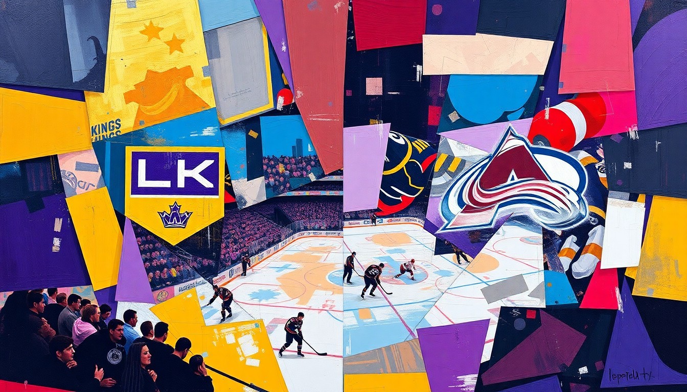 A fractured, cubist-style painting depicting the action and energy of a hockey game between the Kings and Avalanche, with sharp geometric shapes and planes of color representing the players, puck, and arena.
