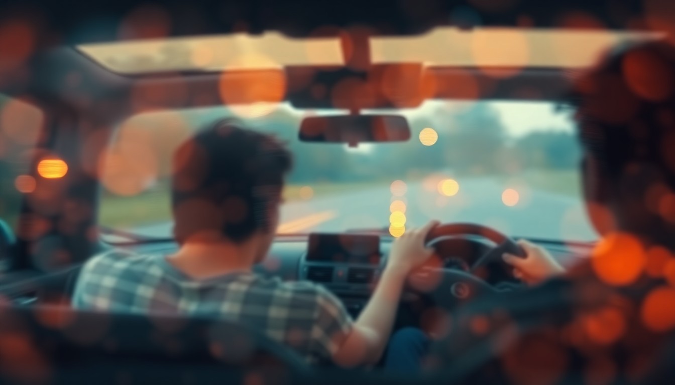 An abstract, impressionistic photograph of a hazy, out-of-focus scene of a teen driver behind the wheel, conveying the dreamlike and dangerous nature of summer driving for this age group.