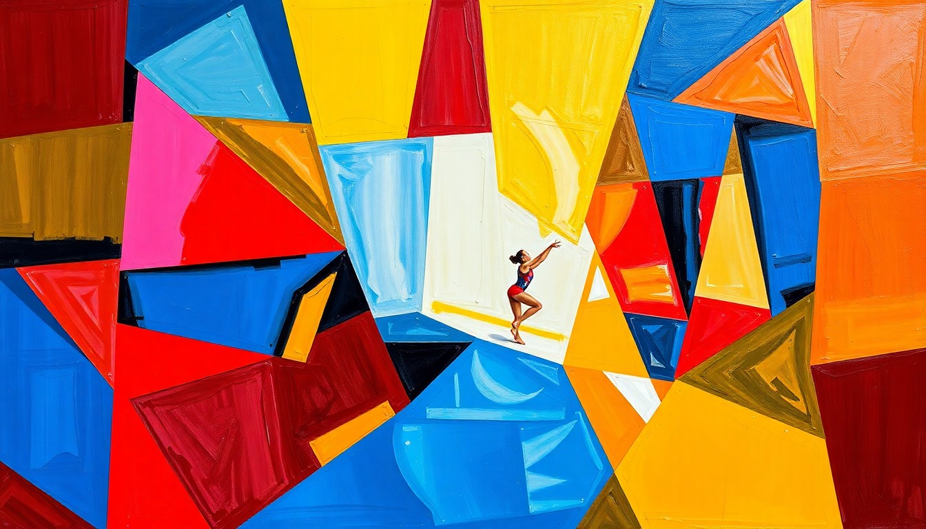 A cubist, geometric painting featuring overlapping planes of bright blue, red, and yellow, conceptually representing the motion and competition of a women's gymnastics event.