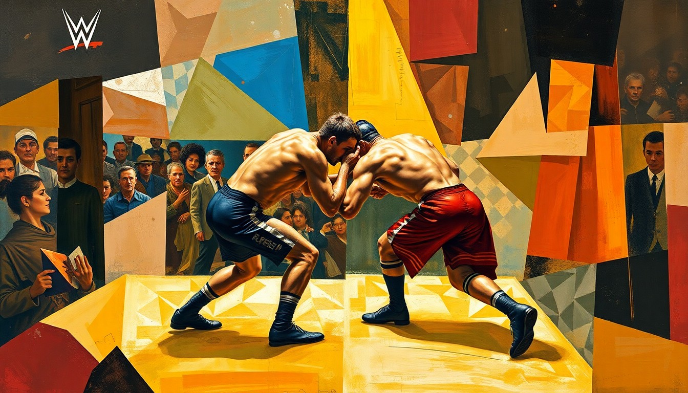 A cubist, geometric painting depicting the dynamic movements and energy of a wrestling match, with sharp, overlapping planes of color and form conveying the intensity of the competition.