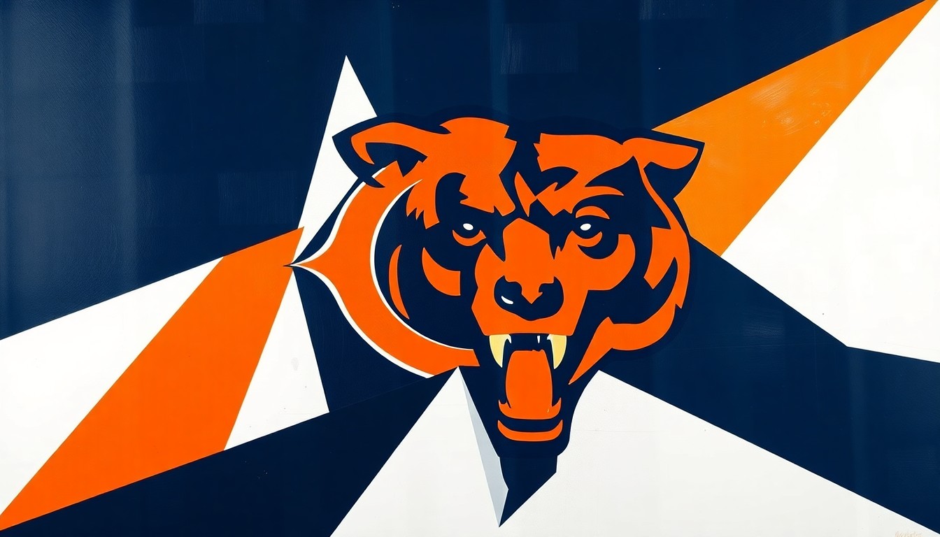 A cubist, geometric illustration depicting fragmented and overlapping shapes in navy blue, orange, and white, representing the dynamic action of a Chicago Bears football game.