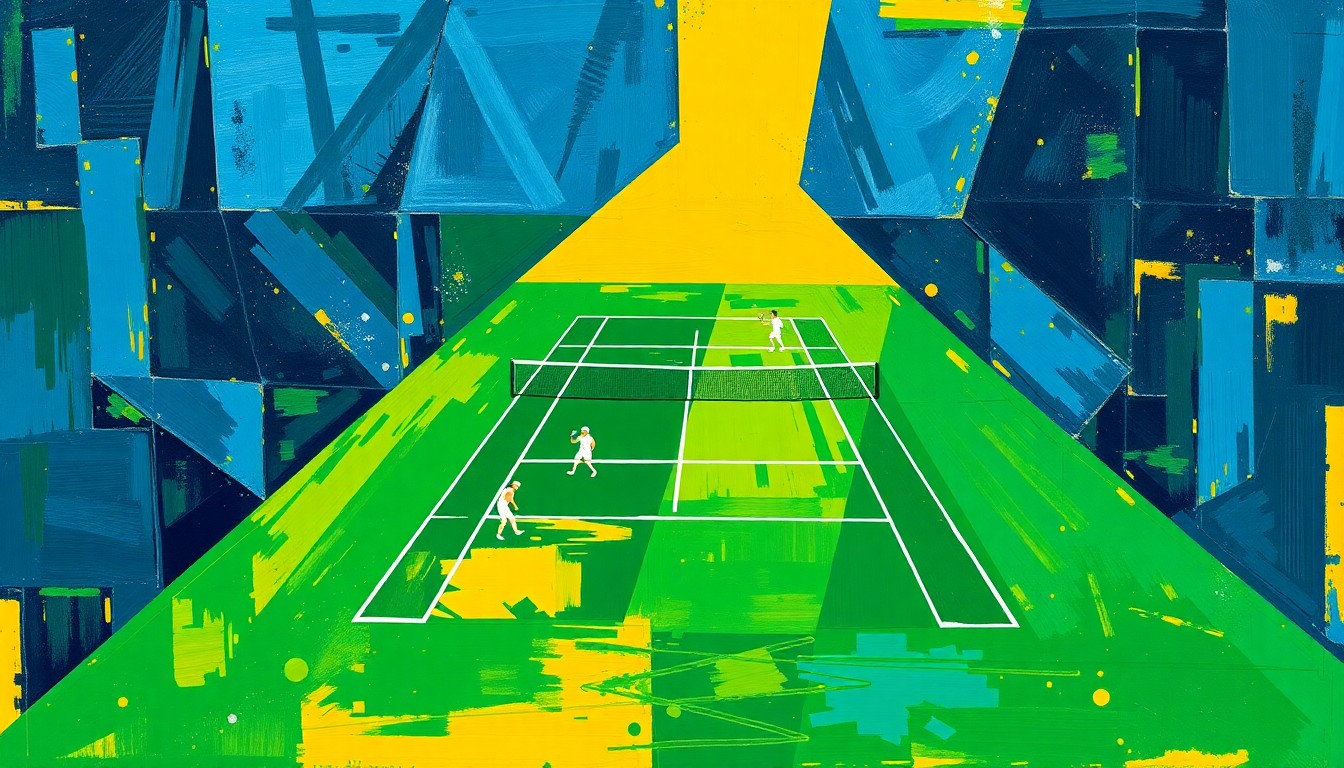 A cubist-style painting featuring sharp, overlapping geometric shapes in navy blue, forest green, and golden yellow, capturing the dynamic movement and intensity of a tennis match.