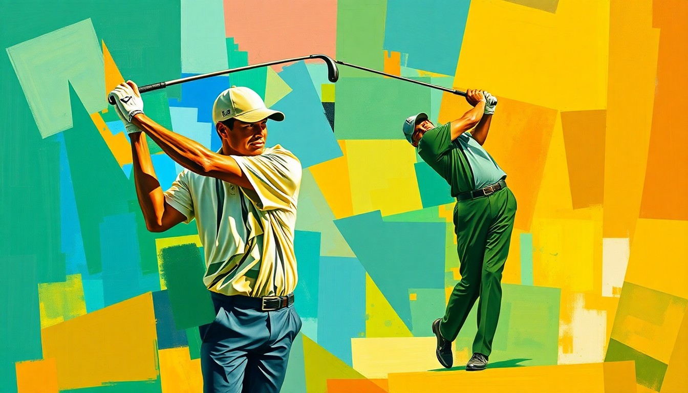 A fragmented, geometric painting depicting Tiger Woods' golf swing broken down into sharp, overlapping planes of color, conveying the complexity of his physical and mental rehabilitation.