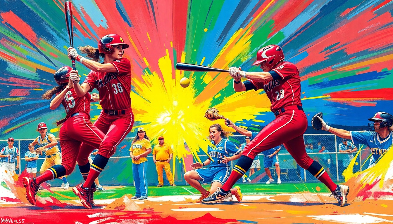 An abstract, energetic painting in neon colors depicting the powerful, explosive movements of a softball player swinging a bat, capturing the raw athletic energy of the Iowa State Cyclones' landmark series win.