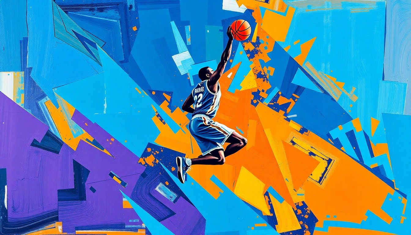 A cubist, geometric painting depicting the fractured motion of a basketball player driving to the hoop, with sharp planes of color and overlapping perspectives conveying the dynamic energy of the sport.