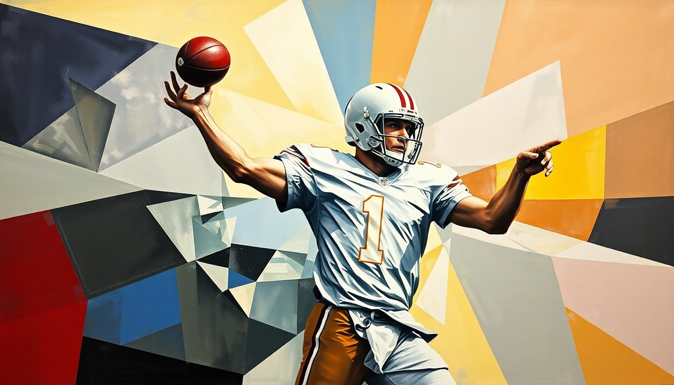 A cubist-style painting depicting a quarterback's throwing motion broken down into sharp, overlapping geometric shapes and planes, conveying the dynamic energy and uncertainty surrounding Auburn's quarterback battle.