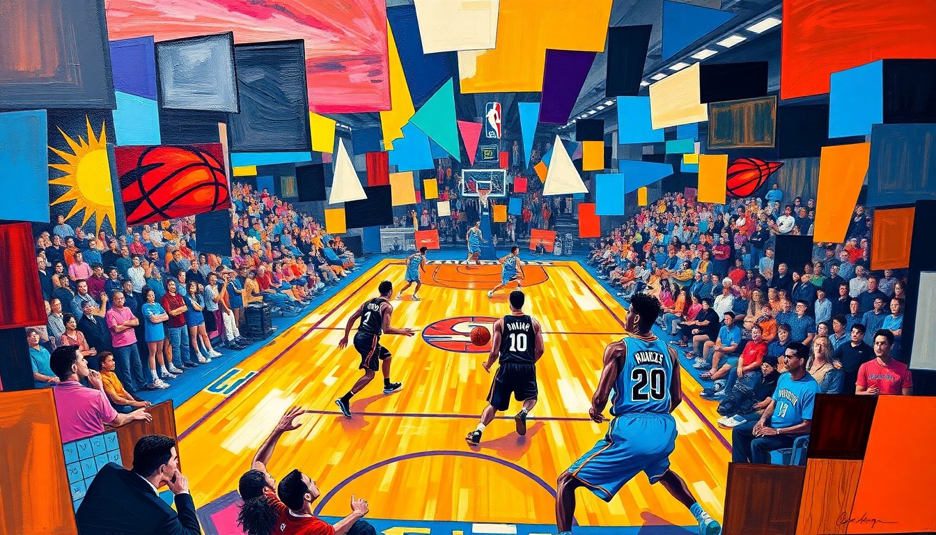 A fragmented, cubist-style painting depicting an NBA basketball game in motion, with the players and court broken down into sharp, overlapping geometric shapes and planes of color representing the Suns' and Thunder's uniforms.