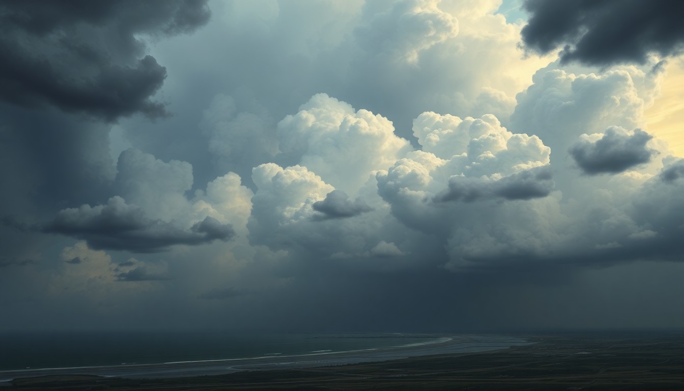 A sweeping, atmospheric landscape painting in muted tones of grey, blue, and green, depicting a dramatic, turbulent sky over the Galveston coastline. The scene conveys the overwhelming power and sublime scale of the impending weather event.