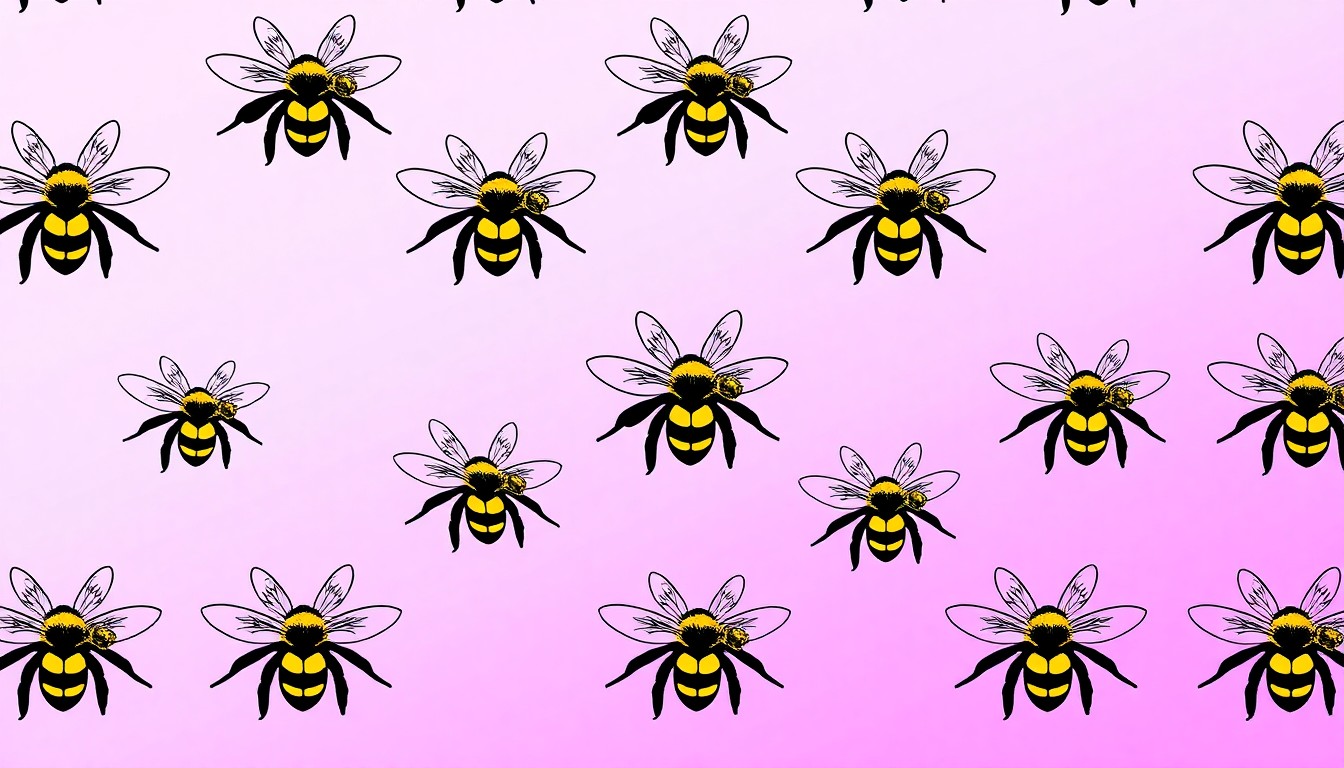 A bold, colorful silkscreen-style illustration featuring a repeating grid of stylized bee icons in vibrant neon hues, conceptually representing the chaotic scene of a massive bee swarm disrupting traffic on a highway.