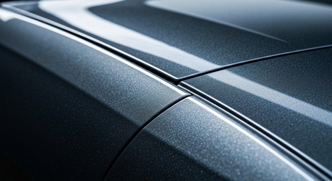 An extreme close-up of the pebbled, textured surface of a Hyundai Kona Hybrid's exterior, capturing the intricate details and colors in a dramatic, artistic manner.