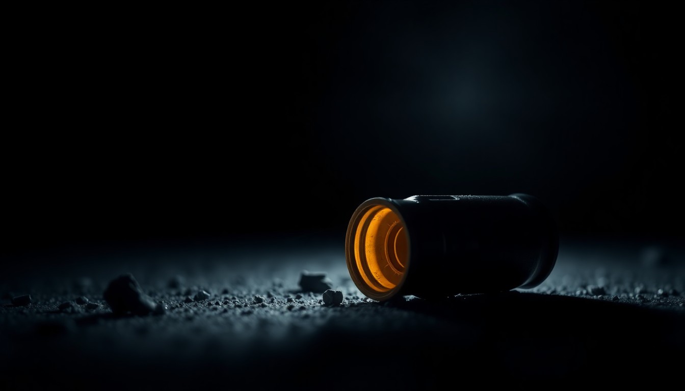 An extreme close-up of a spent shell casing on the ground, lit by a harsh, direct camera flash, conveying the gritty, investigative nature of the crime scene.