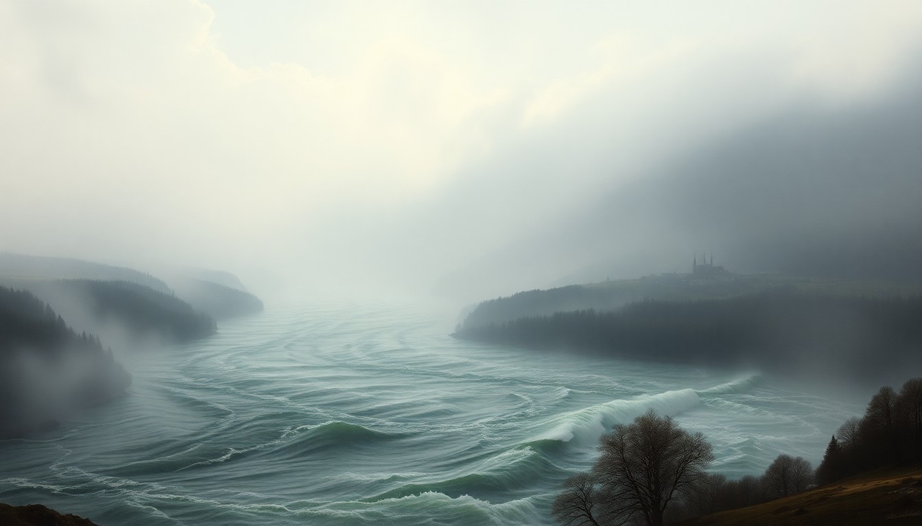 A vast, atmospheric landscape painting depicting a swollen, turbulent river cutting through a low-lying, fog-shrouded valley, conveying the overwhelming scale and power of the natural forces at play.
