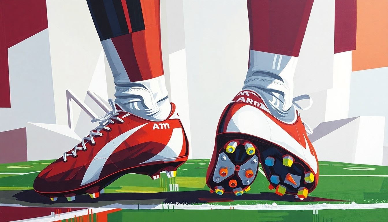 A fractured, cubist-style painting depicting a Texas A&M football game, with the players' cleats rendered in a spectrum of bright colors and geometric shapes, conceptually representing the diverse causes and organizations they are supporting.