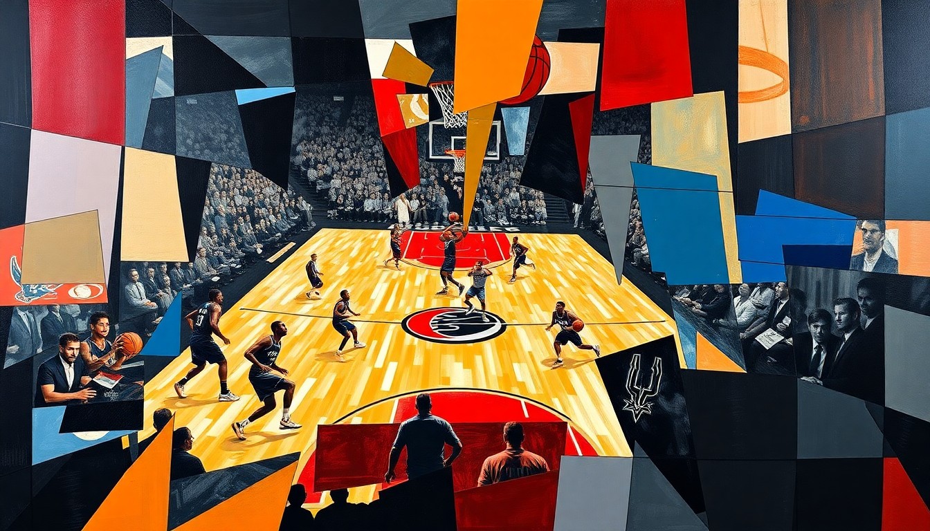 A cubist-style painting depicting a basketball game, with players' movements and the energy of the game captured through sharp, overlapping geometric shapes and planes in a vibrant color palette.