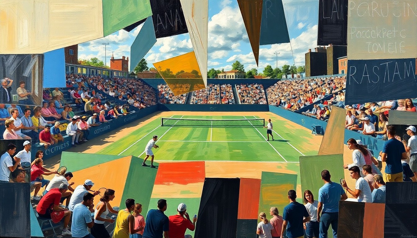 A cubist, geometric illustration depicting the dynamic action and competition of a college tennis match, with overlapping shapes and planes representing the players, court, and movement of the ball.