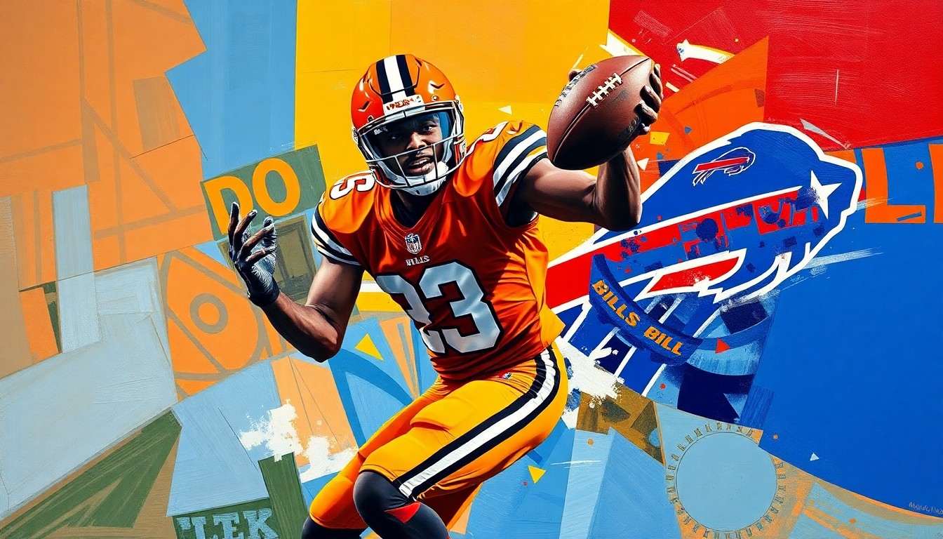A cubist-style painting depicting a football player in mid-catch, with their body and the ball broken down into sharp, overlapping geometric shapes and planes in the colors of the Browns and Bills uniforms.