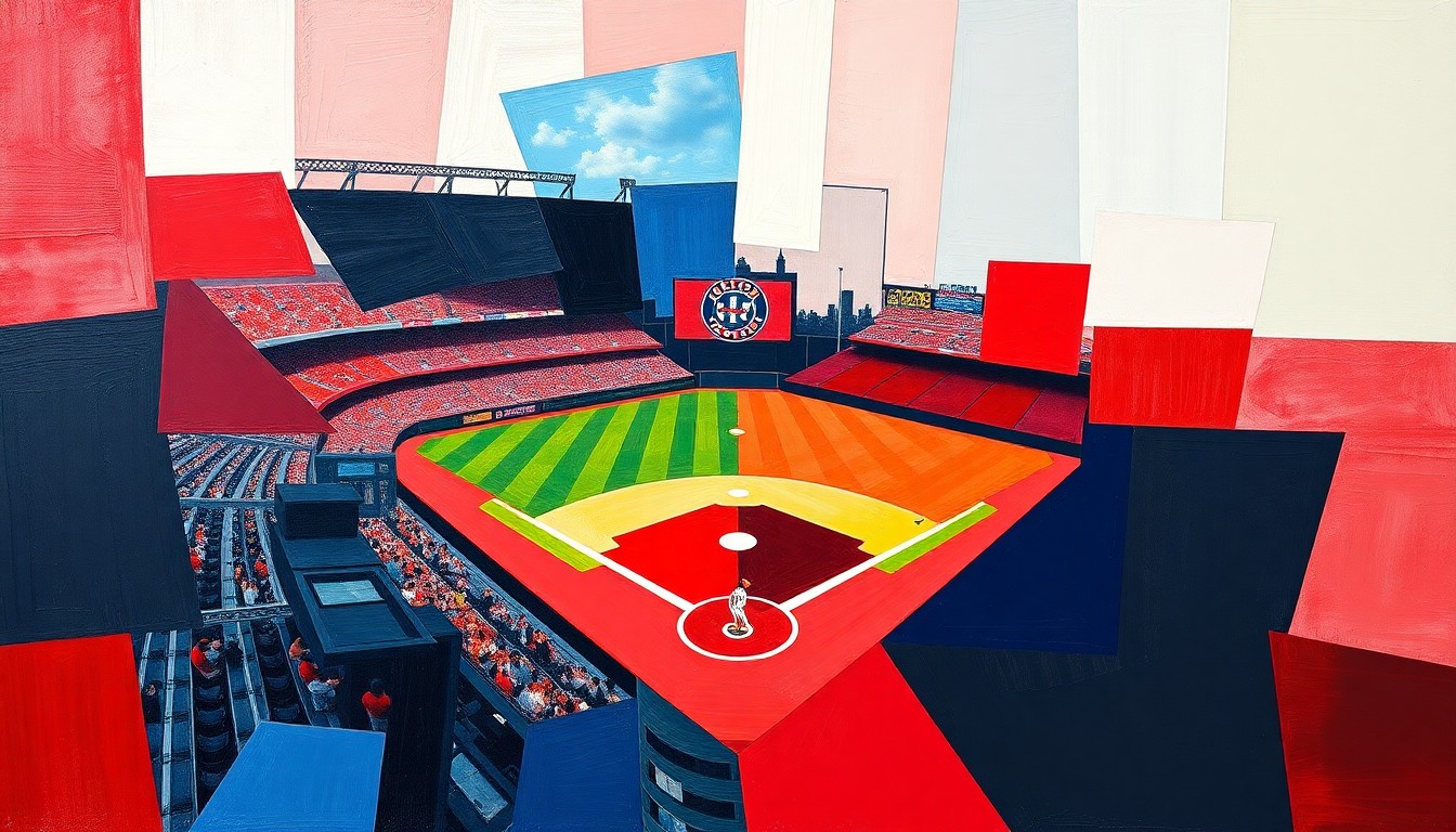 A cubist-style painting depicting a baseball game in progress, with the players and field broken down into sharp, overlapping geometric shapes in the team colors of the Reds and Twins.