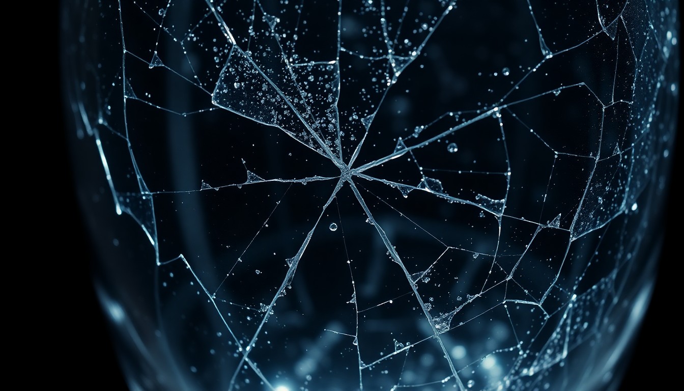 An extreme close-up of a cracked, glittering crystal glass, reflecting the fragility and hidden struggles behind a public persona.