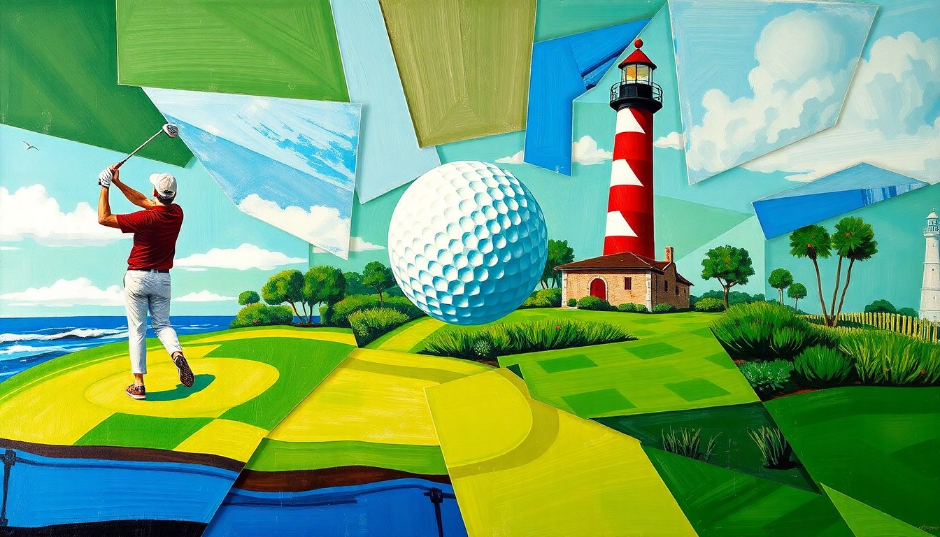 A cubist, geometric painting depicting a golfer's swing, a golf ball in flight, and the Harbour Town lighthouse, all broken down into sharp, overlapping planes of color.