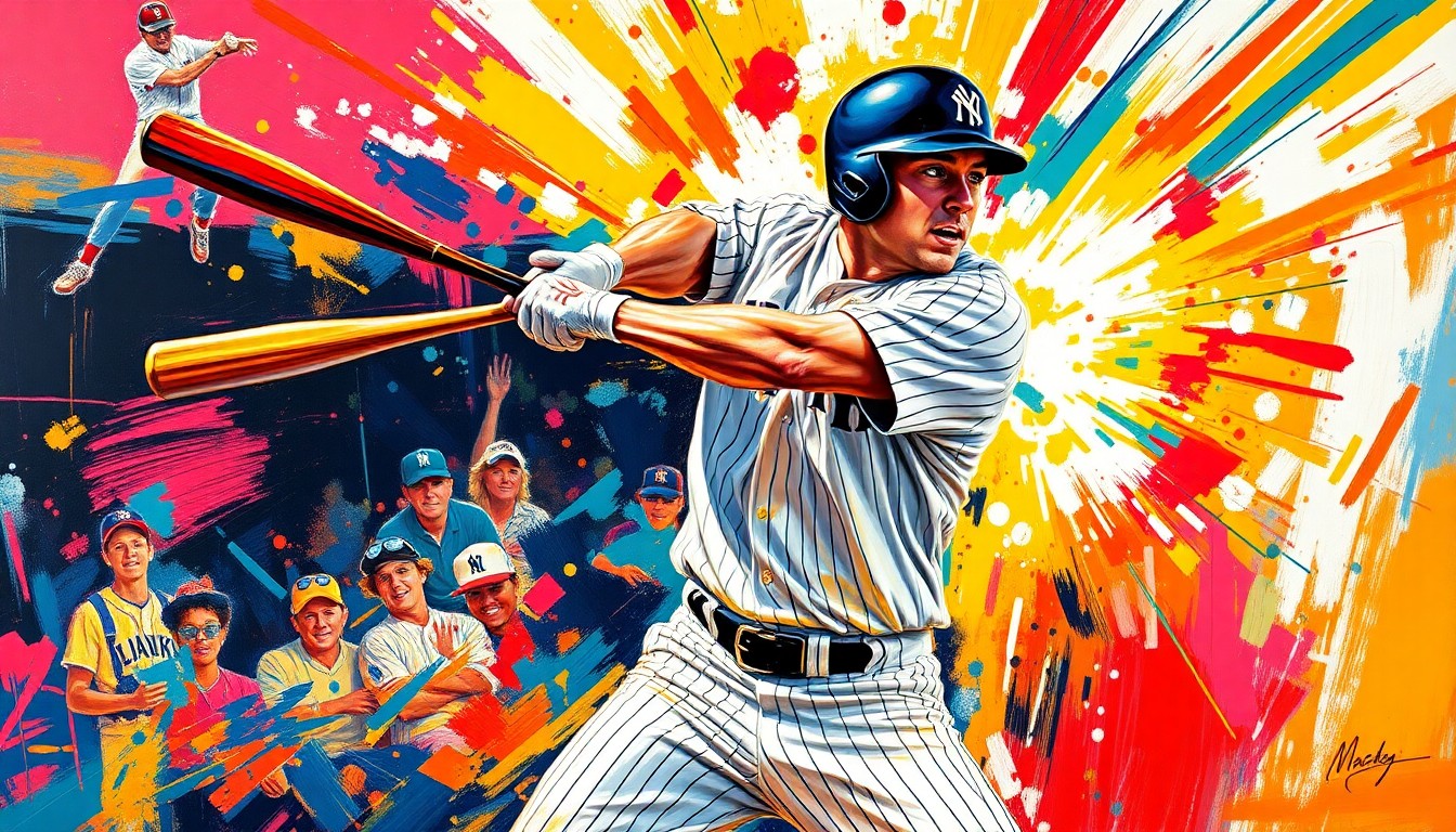 An abstract, energetic painting featuring bold strokes of neon orange, yellow, and blue paint to capture the powerful swing and home run of a baseball player, conveying the raw athleticism and offensive prowess of the subject.