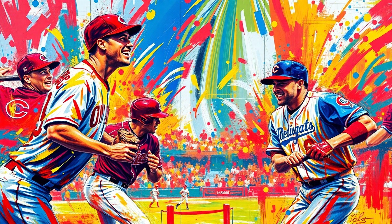 An abstract, expressionist painting in vibrant neon colors, with rapid brushstrokes and blurred figures representing the dynamic action and energy of a close baseball game between two teams.