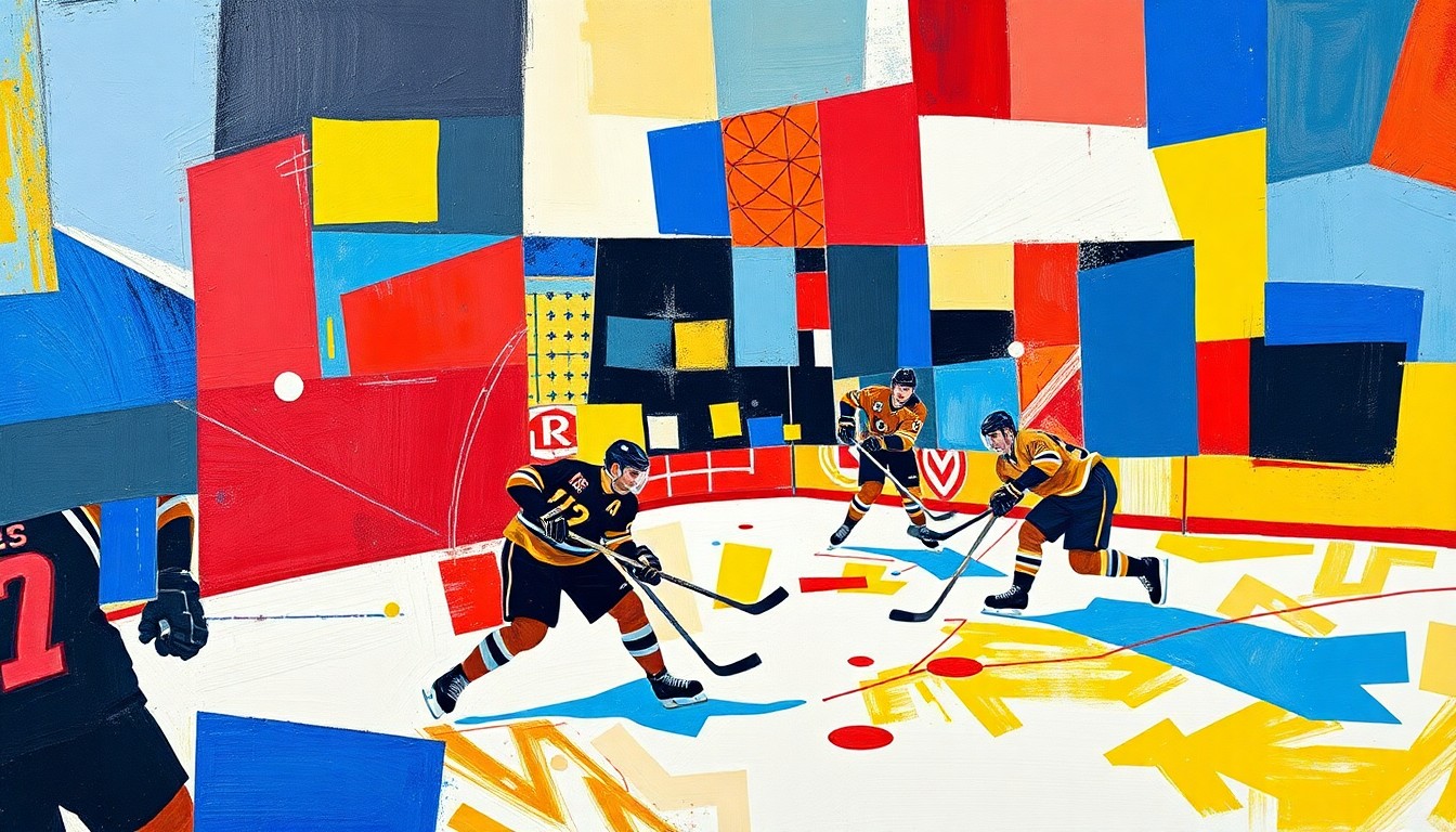 A cubist-style painting depicting a hockey game broken down into sharp, overlapping geometric shapes in vibrant blue, red, and yellow colors, conveying the chaotic, high-intensity nature of the Avalanche's new third line.