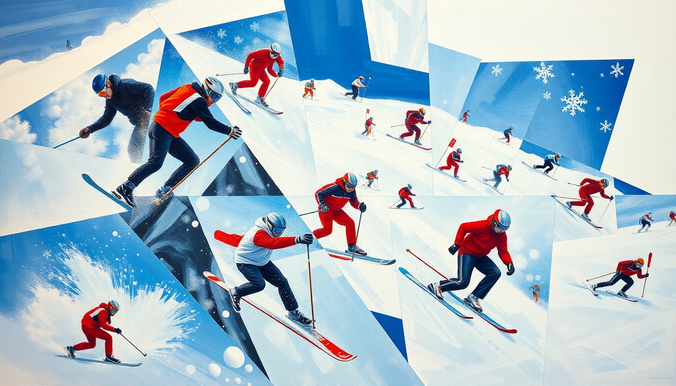 A fractured, cubist-style painting depicting various winter sports competitions and athletes, with sharp geometric shapes in vibrant colors like blue, white, and red, conceptually representing the multifaceted nature of Alaska's sports culture.