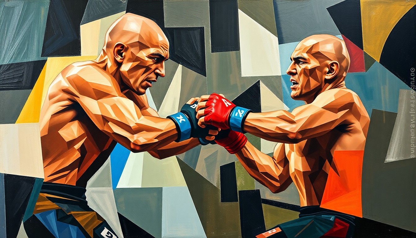 A fragmented, geometric painting depicting the chaotic action of a UFC light heavyweight fight, with sharp planes of color and form representing the dynamic movements of the fighters.