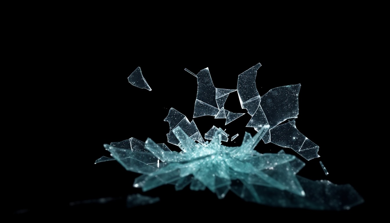 An extreme close-up photograph of a shattered car windshield, the jagged glass fragments lit by a harsh, direct camera flash against a pitch-black background, conceptually representing the violent aftermath of a drunk driving collision.