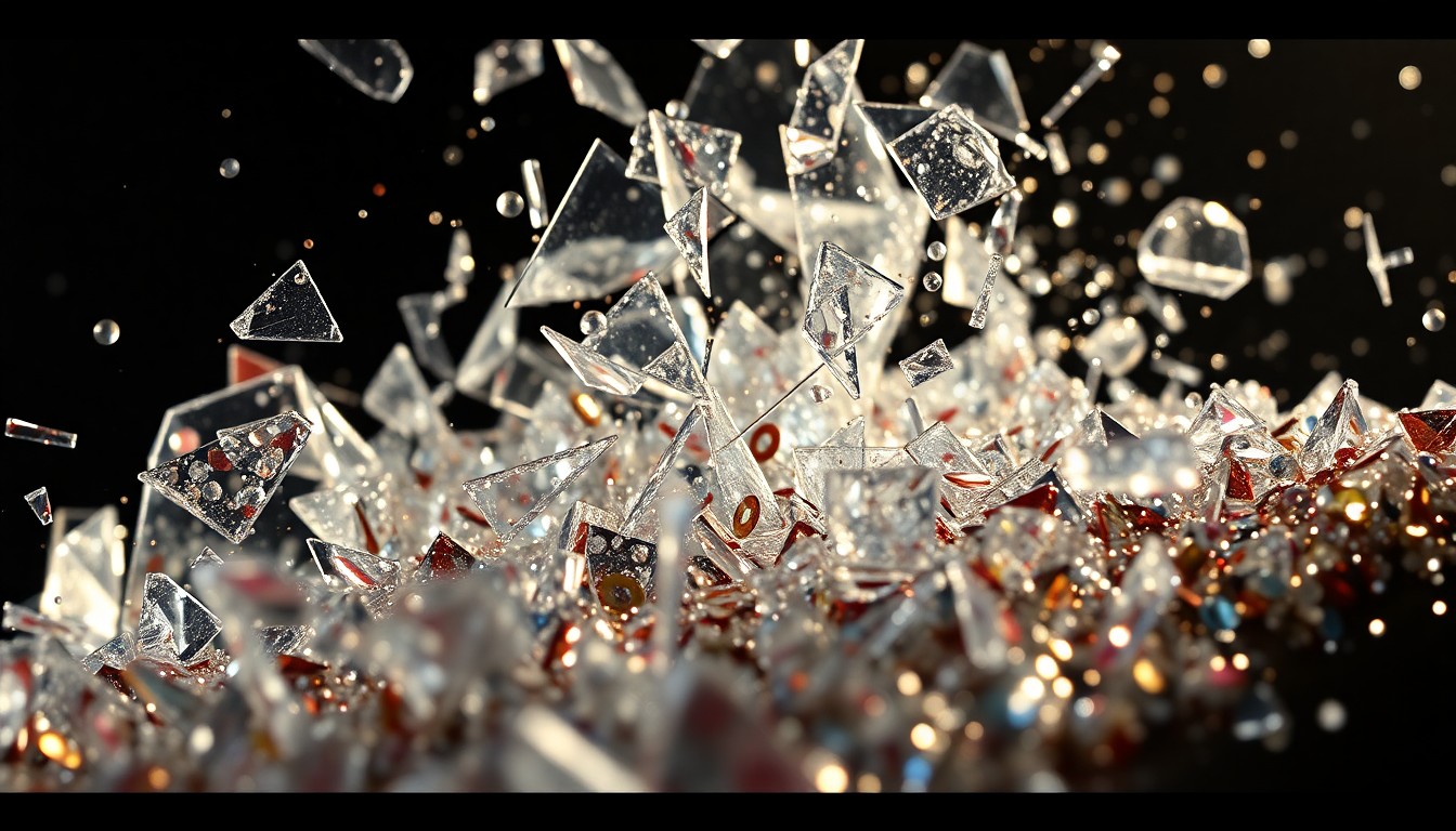 An abstract close-up image of shattered glass and glittering sequins, captured in dramatic high-contrast studio lighting to convey the glamour and high-stakes nature of the performing arts industry.
